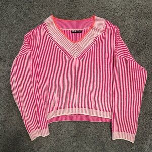 SHEIN Pink and White V-Neck Sweater